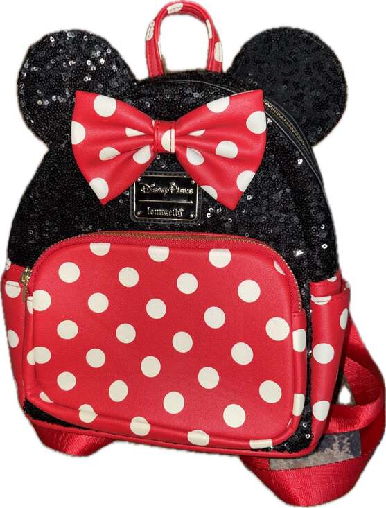 Disney Parks Loungefly Minnie Mouse Black Sequin and Red Polka Dot Mini Backpack - Picture 2 of 4